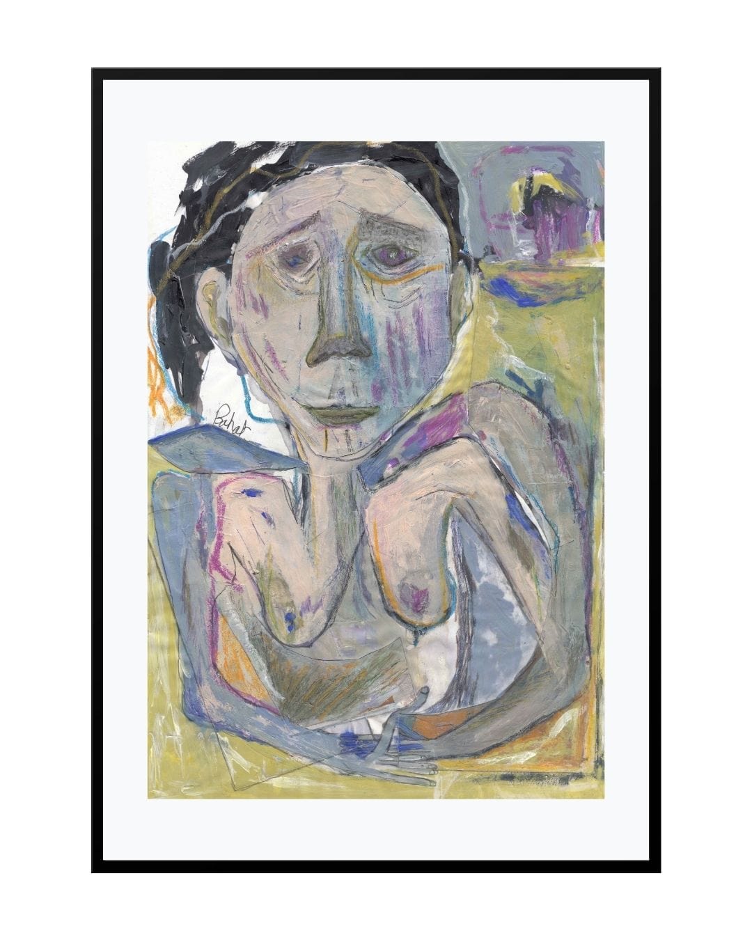 Expressionist painting titled "Stingy," featuring a girl seated with closed-off body language in emotional isolation